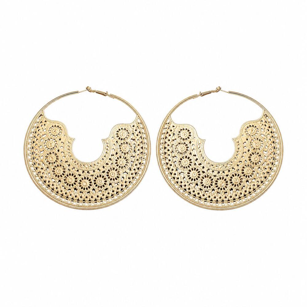 Vintage Inspired Gold Tone Filigree Cutout Hoop Dangle Lightweight Boho Earrings